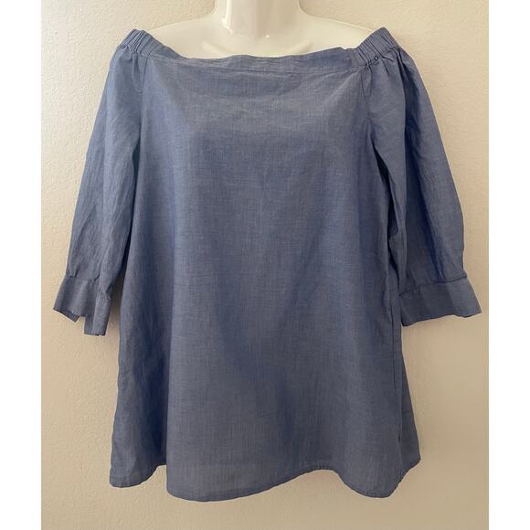 THEORY Joscia Chambray Off The Shoulder Pullover Cotton Top - Women’s Medium - Picture 2 of 8